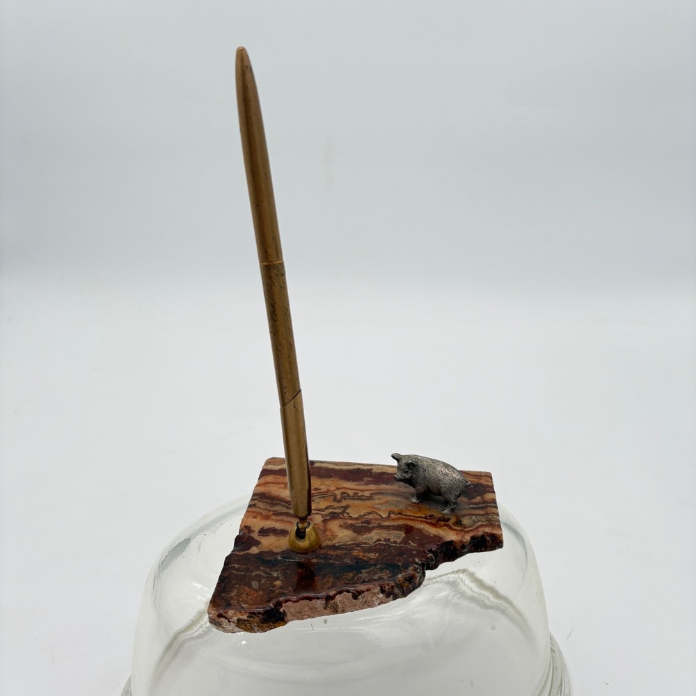 Vintage MCM Stone Slab Desk Pen Holder Metal Pig pork farm animal butcher Agate